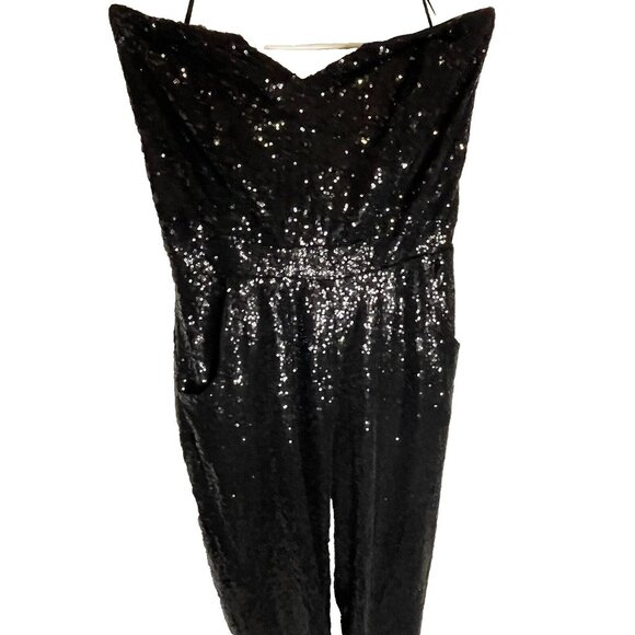 Black Sequin Strapless Jumpsuit 2X Long Pants Black Stretch Curvy Sense Pull On - Picture 7 of 16